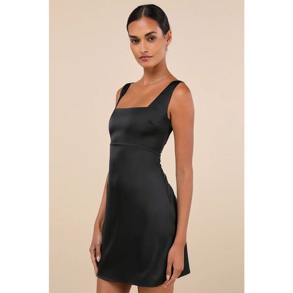 Lulu's Dresses & Skirts - Lulus Truly the Cutest Black Satin Square Neck Mini Dress Size M New